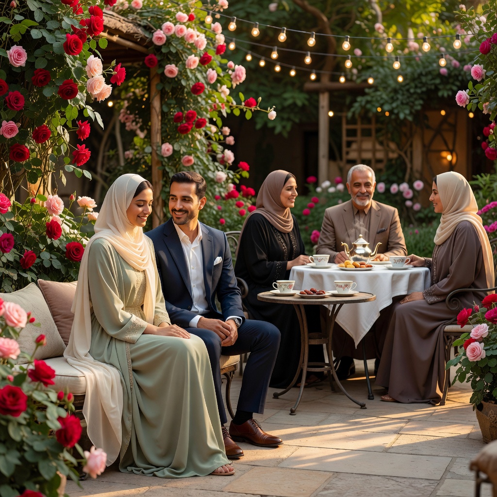 Two families meeting over tea in a rose garden